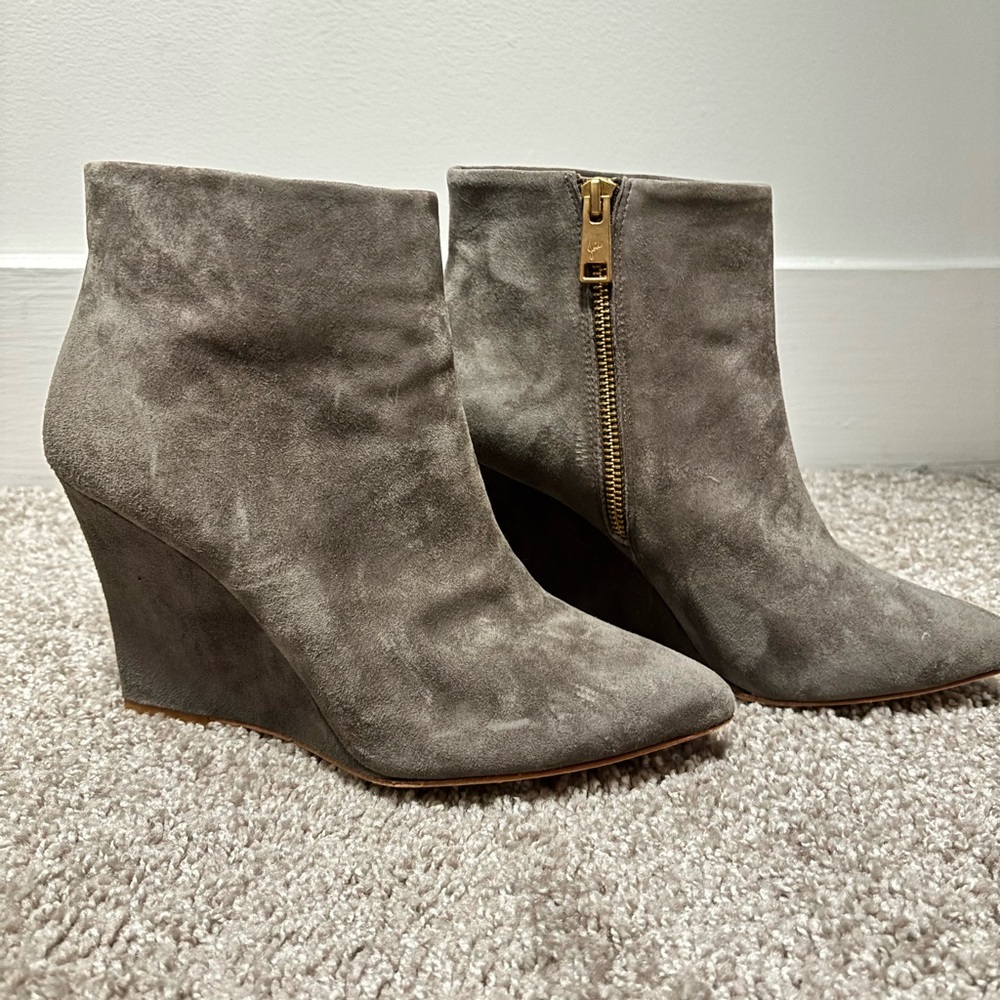Joie Gray Suede Wedge Ankle Boots